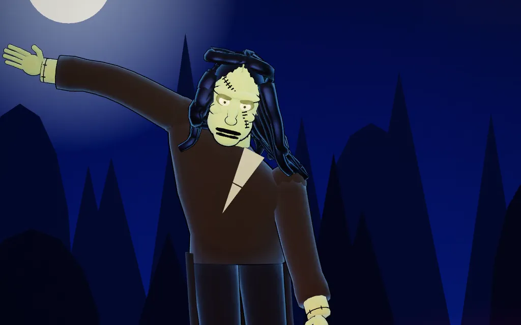 Frankenstein's creature striking a dance pose under the moon