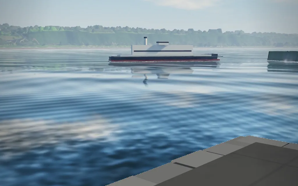 A ferry on the water at the Old Port of Québec City, in a 3D simulation